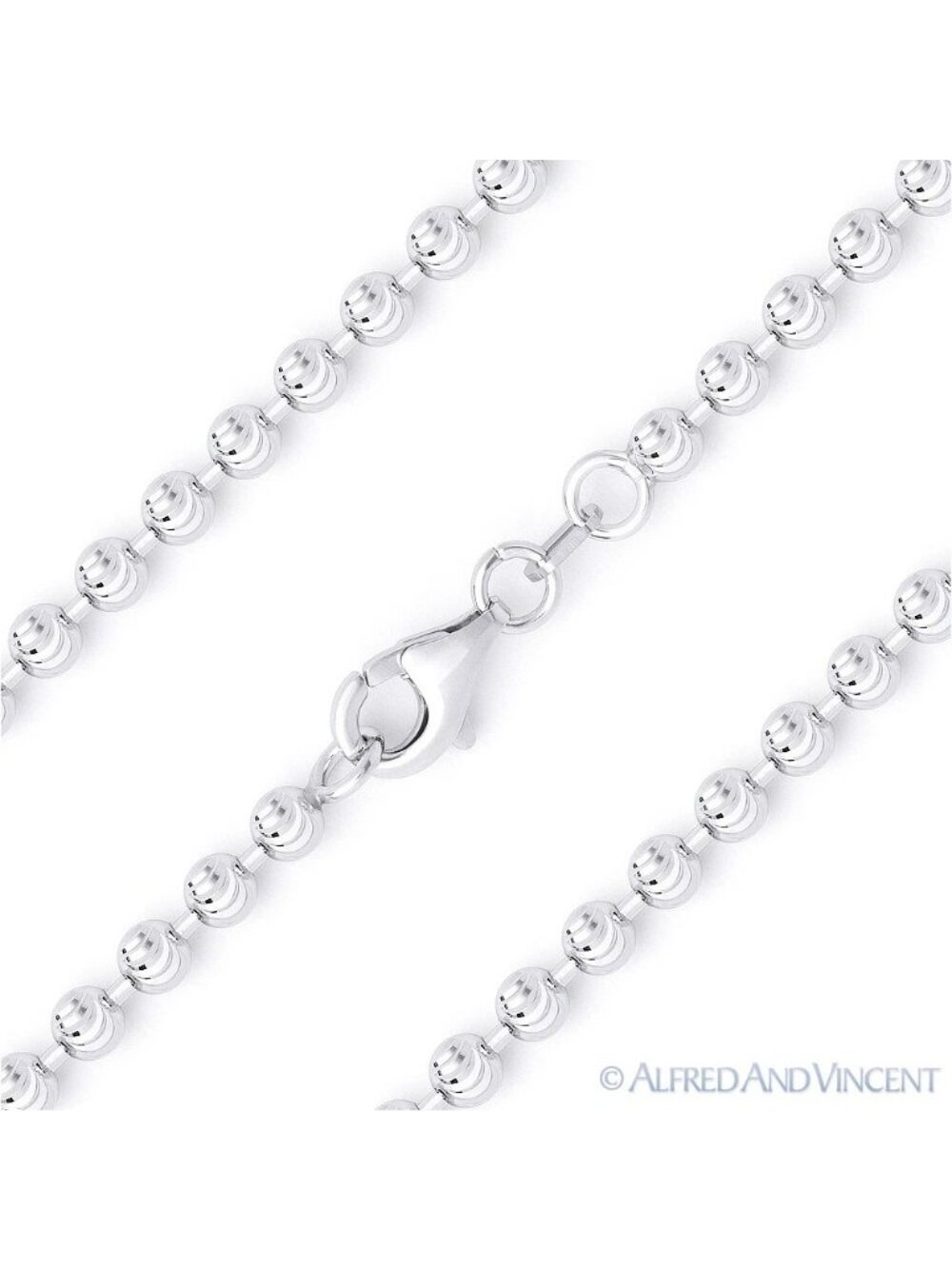 3mm Moon-Cut Ball Bead Link Chain Bracelet in 925 Sterling Silver w/ Rhodium